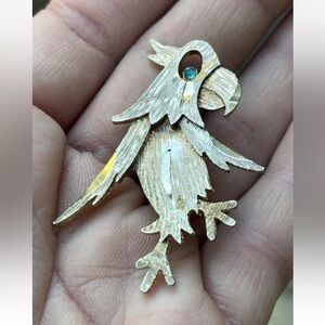 Vintage brushed Gold & Silver tone Parrot w/ Teal Rhinestone Eye Brooch